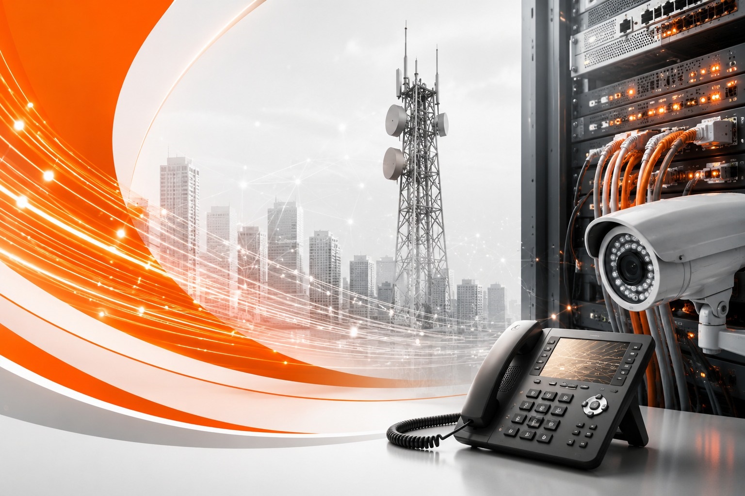 Torre de telecomunicaciones, fibra óptica, servidores, cámara IP y teléfono IP sobre una ciudad al atardecer